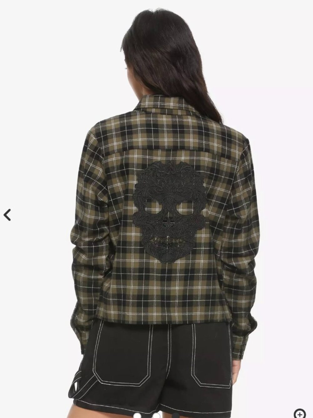 Hot Topic Size L Olive Green Plaid Lace Skull Button Up Flannel Shirt Whimsigoth